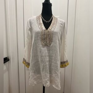 Women’s Linen Metallic Beaded Tunic Top Size S White